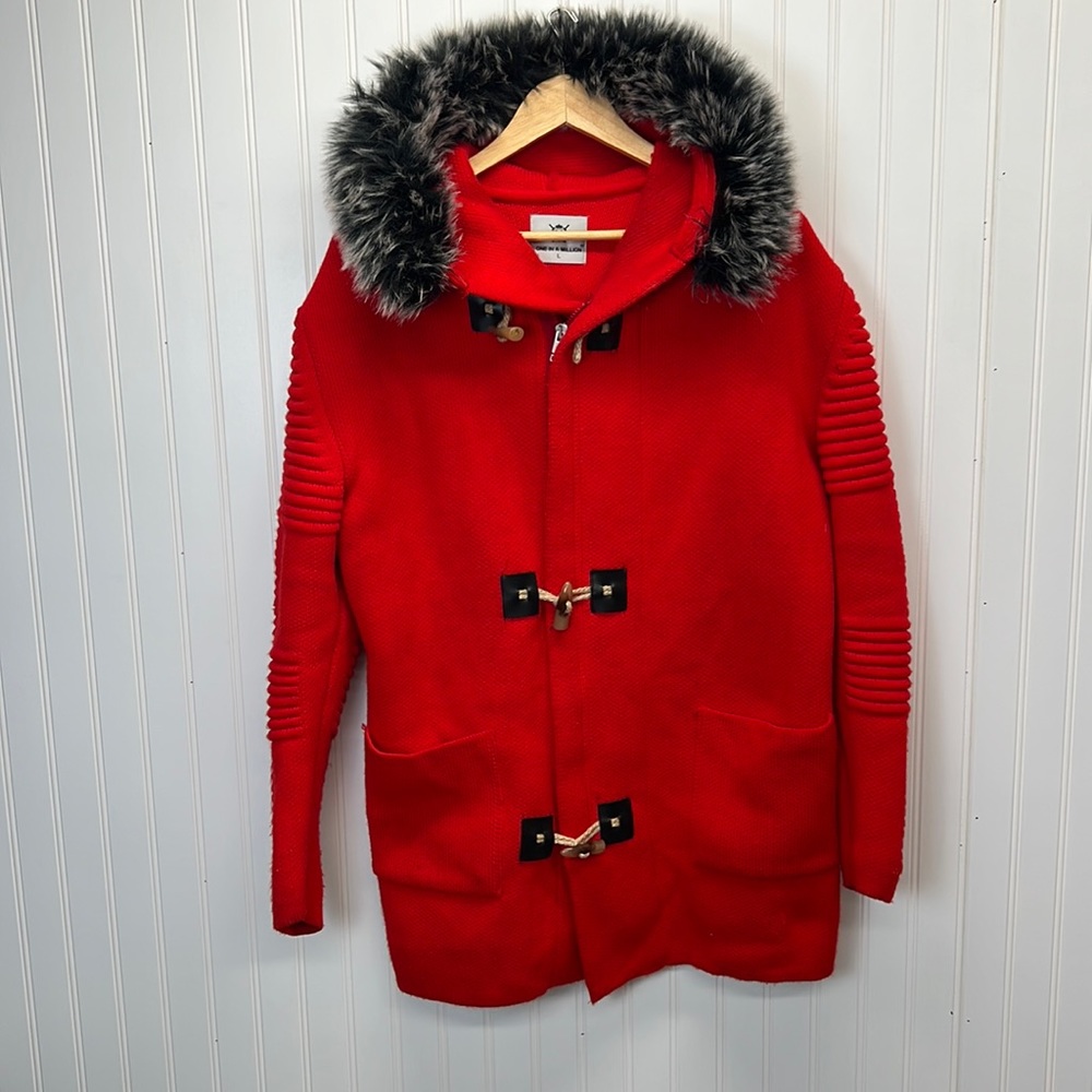 One In A Million Fur Trimmed Hooded Sweater Cardigan Jacket Sz‎ L Poppy Red